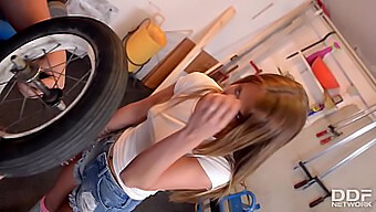 Young European Babe Gives Oral Pleasure And Takes A Ride In A Mechanic'S Garage