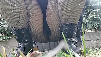 Wife Pees In Public Garden And Flashes Her Pussy In Stockings