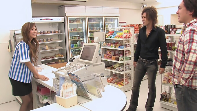 Three Men Satisfy A Japanese Store Clerk During Her Break