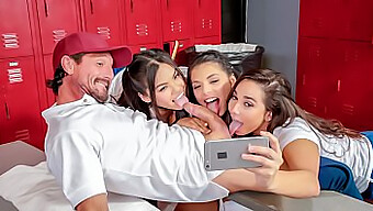 Three Horny Brunettes Engage In A Steamy Group Sex Session On A Couch In The Locker Room